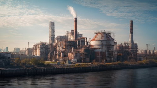 河沿いに立つ錆びた廃工場から立ち上る煙と産業汚染
