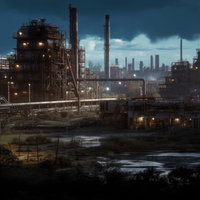 夕暮れ時の工場地帯から流れる汚泥と大気汚染の写真