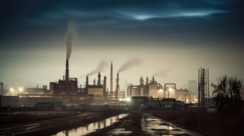 雨が降った後の工場群の大気汚染と産業排ガスの環境問題