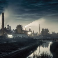 下水と排ガスが立ち込める工場地帯の煙突群の写真