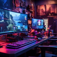 複数モニターとLED照明が光るゲーミングデスクトップでeスポーツをプレイの写真