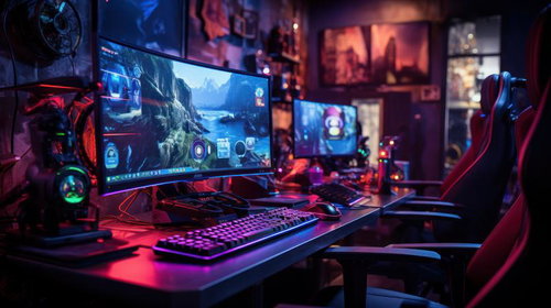 複数モニターとLED照明が光るゲーミングデスクトップでeスポーツをプレイ
