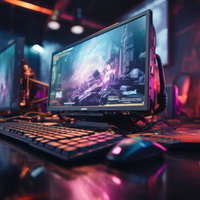 LED照明が映えるゲーミングPCとデスクトップのセットアップの写真