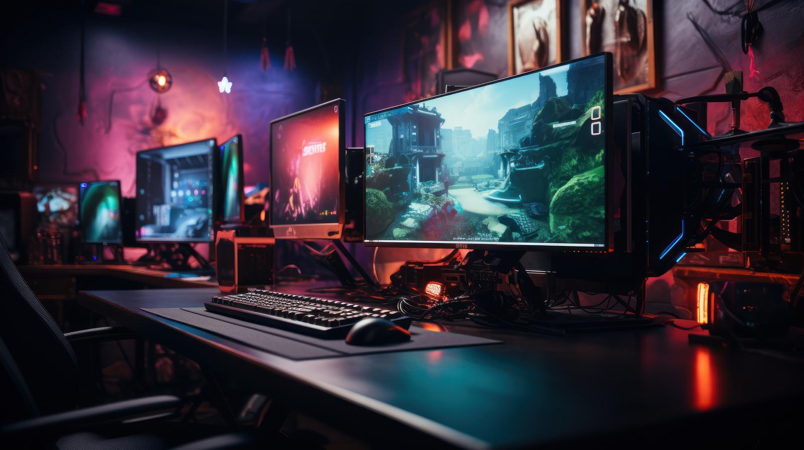LEDライトで光るeスポーツ用ゲーミングデスクトップセットアップ