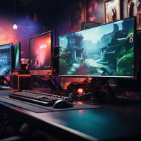 LEDライティング付きeスポーツデスクトップが並ぶゲーミング環境の写真