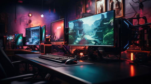 LEDライティング付きeスポーツデスクトップが並ぶゲーミング環境