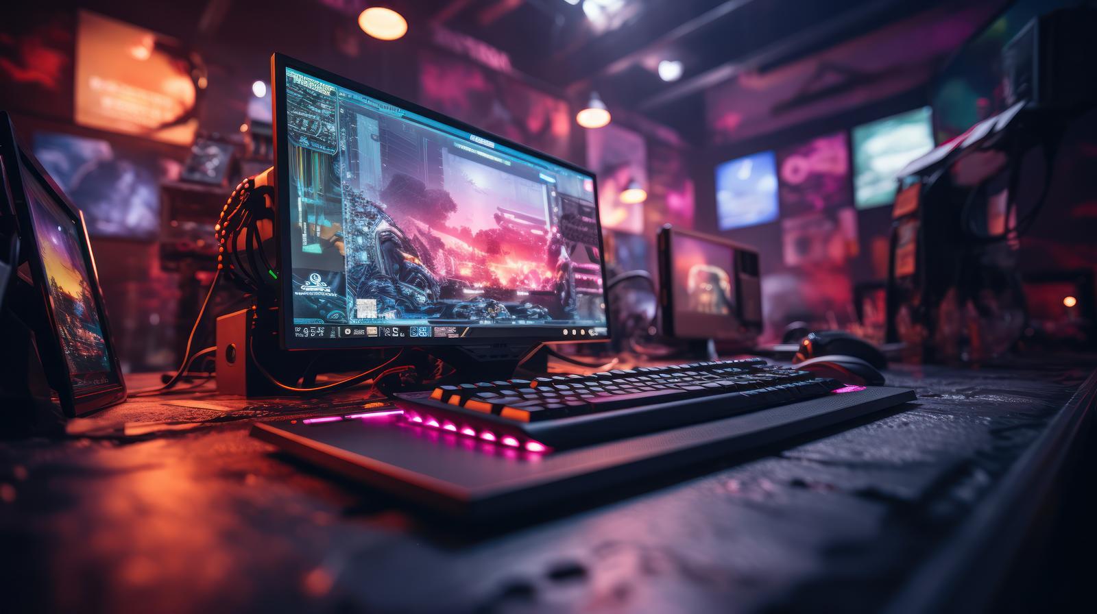大型モニターにゲーム画面が表示されたゲーミングPCデスク環境