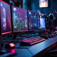 光るキーボードと複数ディスプレイで構成されたゲーマー仕様のデスクトップの写真