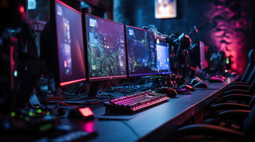 光るキーボードと複数ディスプレイで構成されたゲーマー仕様のデスクトップ