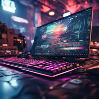 薄暗い倉庫でネオンに照らされた電脳バトルの写真