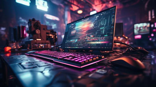 薄暗い倉庫でネオンに照らされた電脳バトル