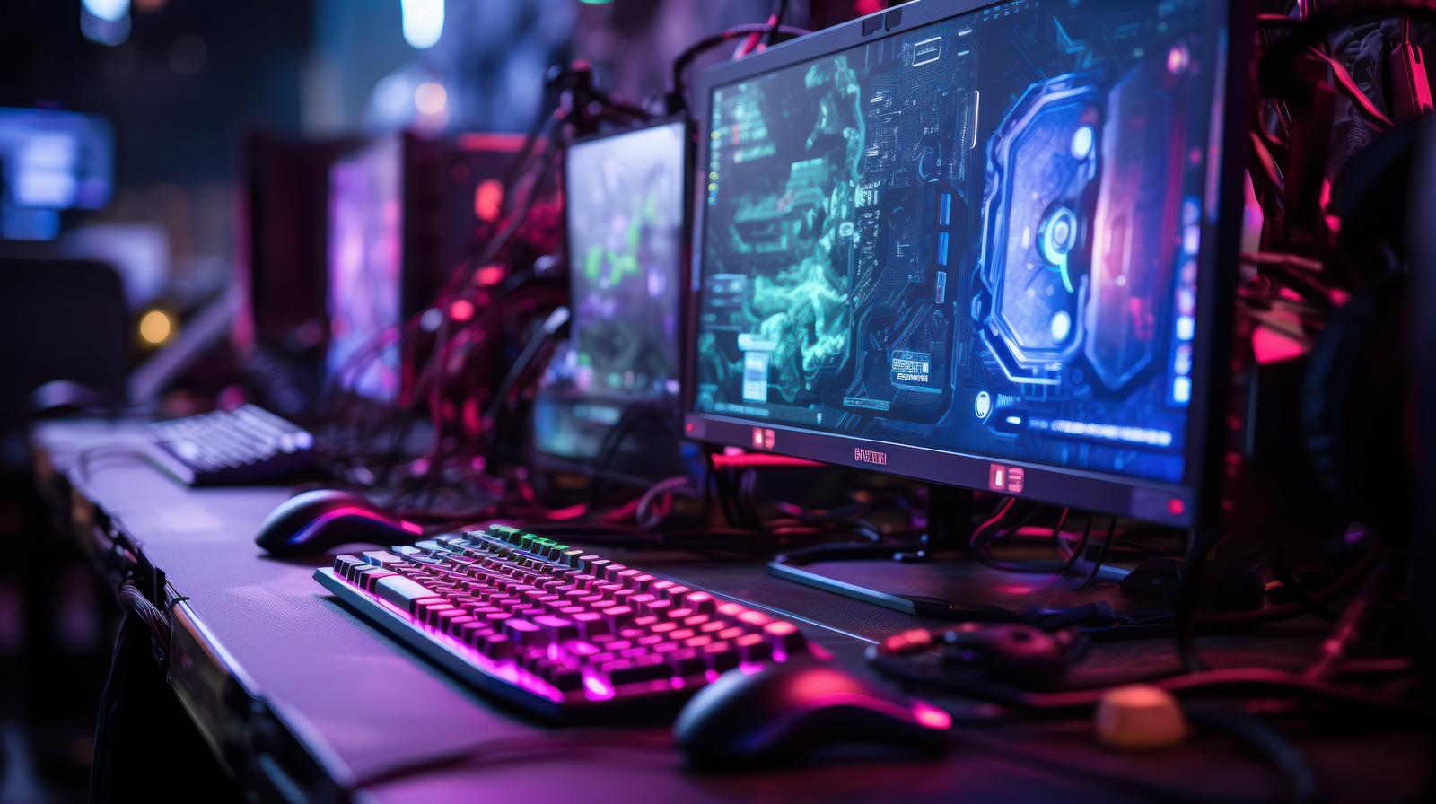 ネオンライトで照らされたゲーミングPCセットアップ