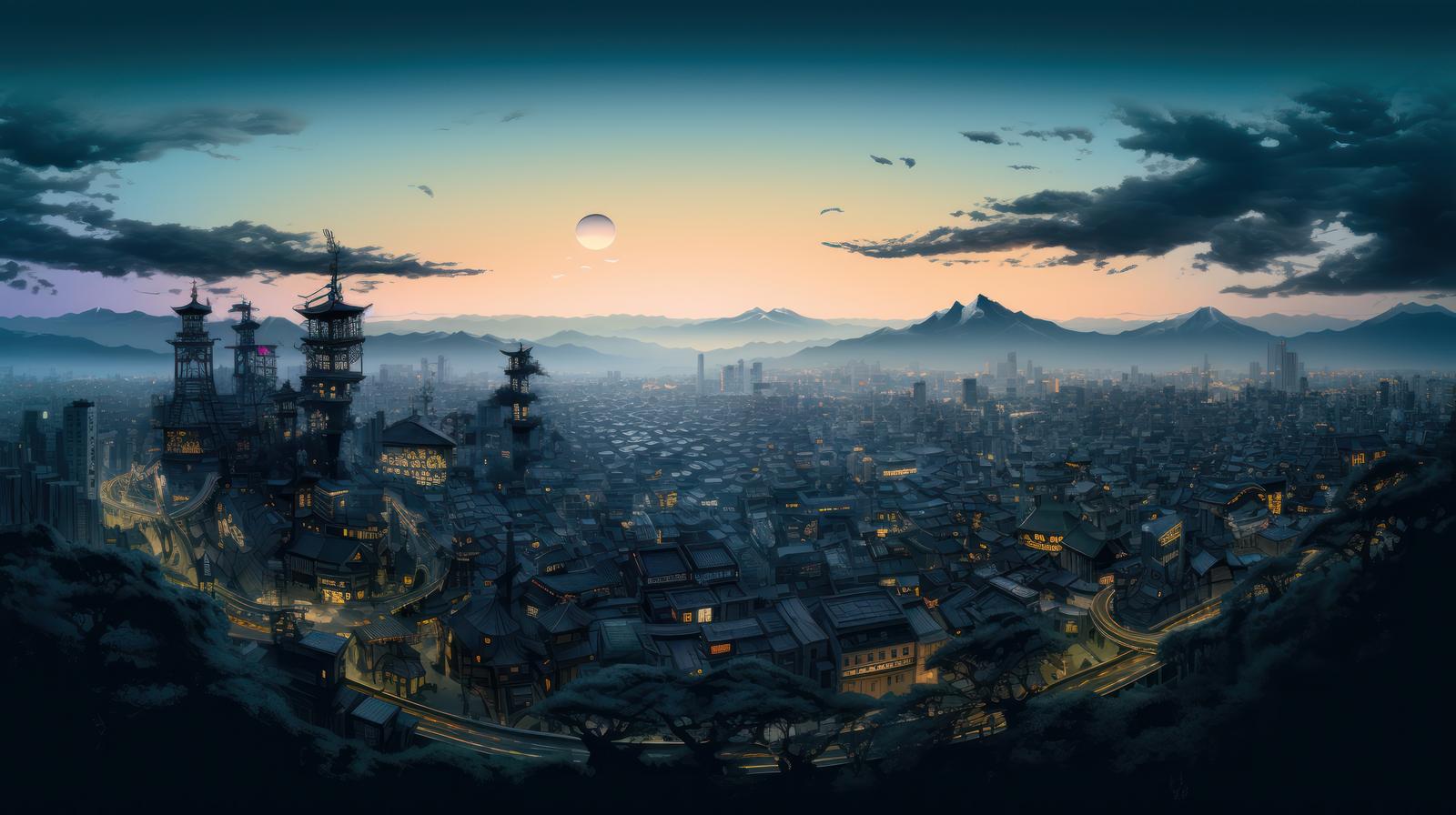 夕暮れ時の空を背景にした近未来風の和風都市の街並み