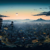 夕暮れ時の近未来和風都市景観・伝統と現代が融合した日本の街並みの写真