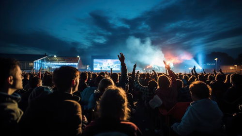 夜空に包まれた熱狂の渦のライブ会場で腕を上げる観客たち