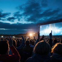 ステージライトに照らされたフェスで盛り上がる観客の写真