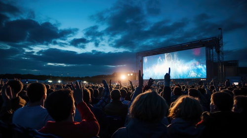 ステージライトに照らされたフェスで盛り上がる観客