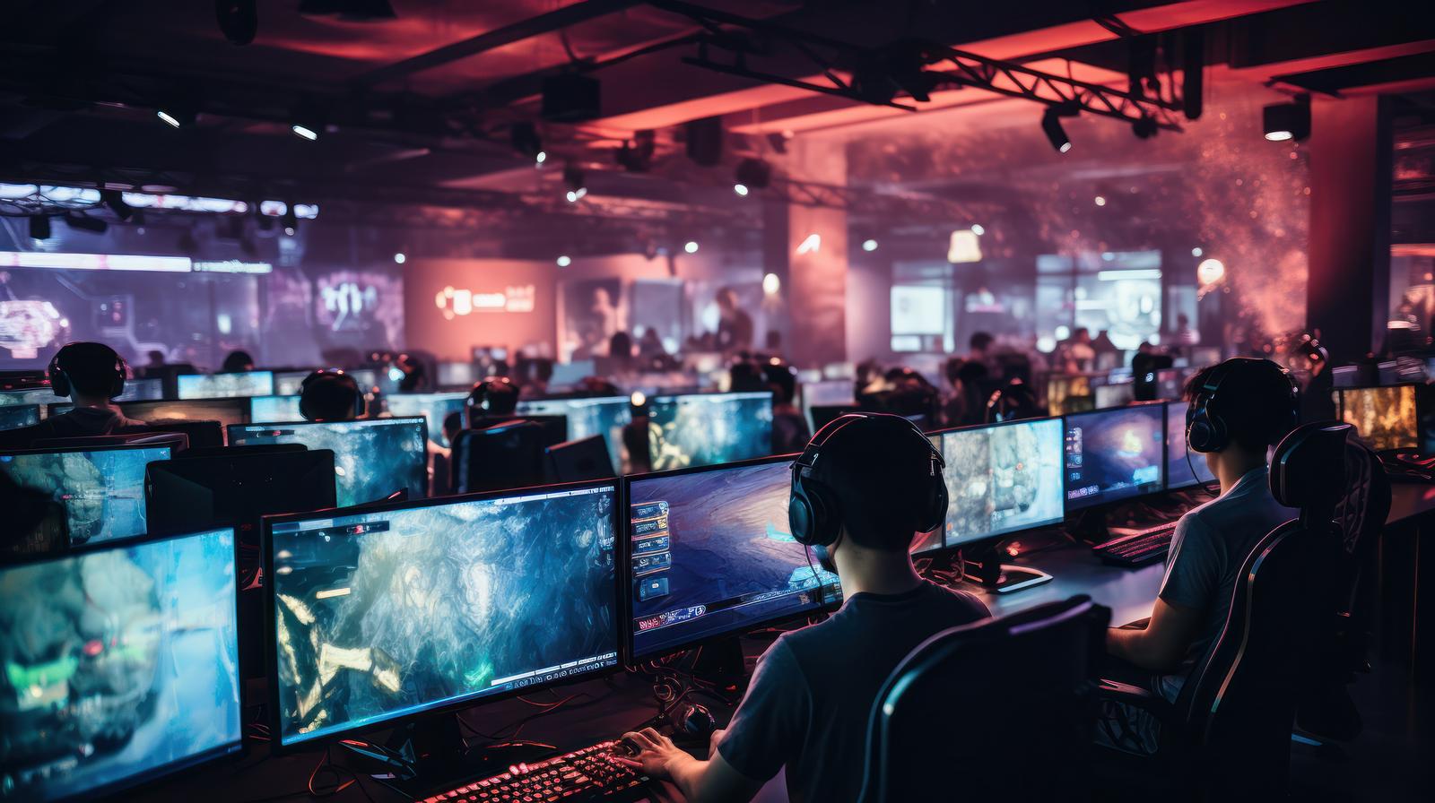 赤紫の照明でライトアップされたeスポーツ会場でヘッドホンを装着してゲーミングPCでプレイするゲーマーたち