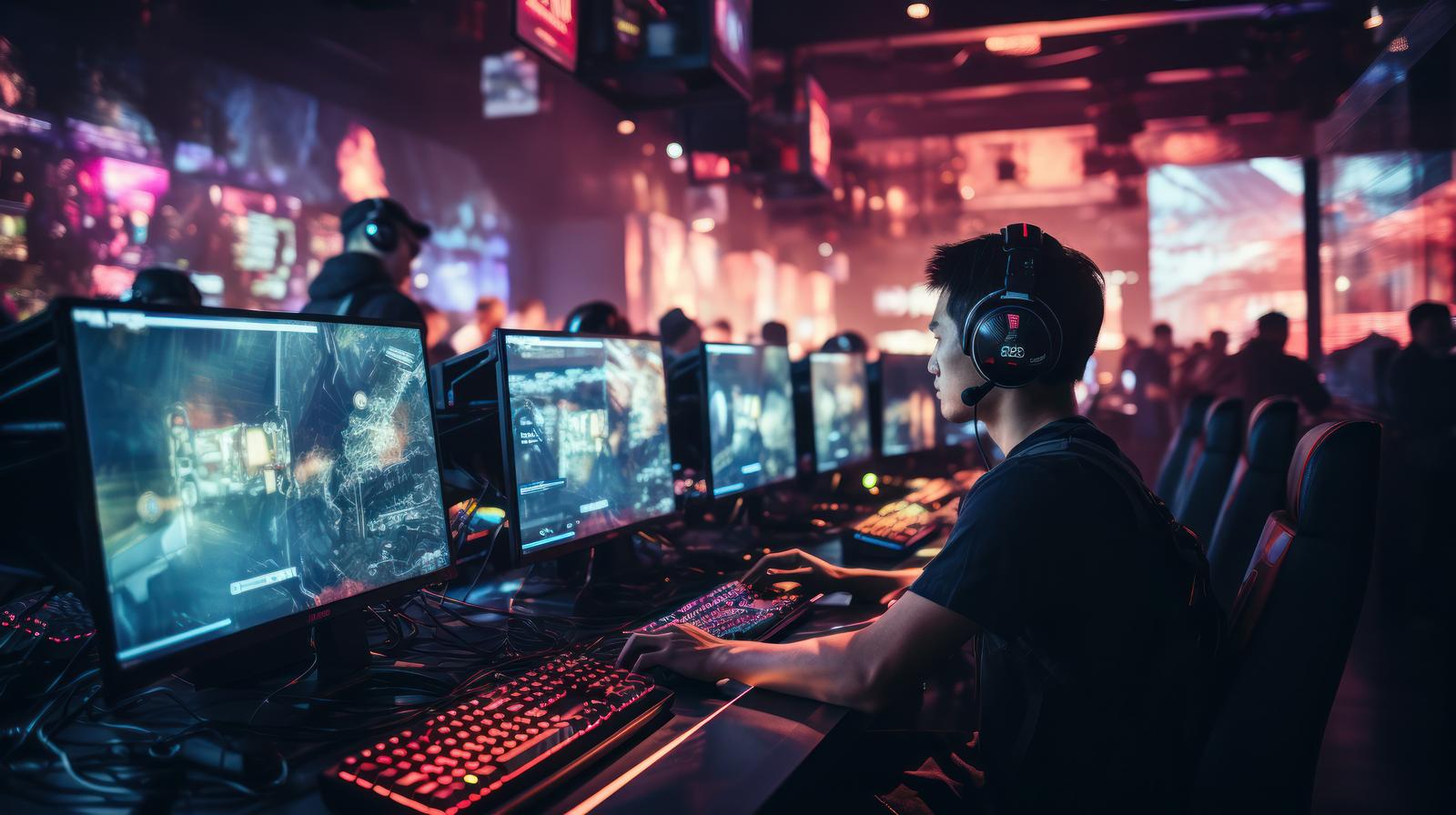 eスポーツ施設で複数のゲーミングPCでプレイするプレイヤーたち