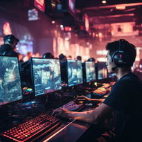 eスポーツ施設でゲームする複数のプレイヤーと対戦環境の写真