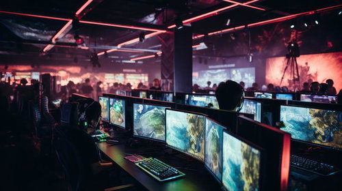 大型のeスポーツ施設内でのゲーミングPC競技空間