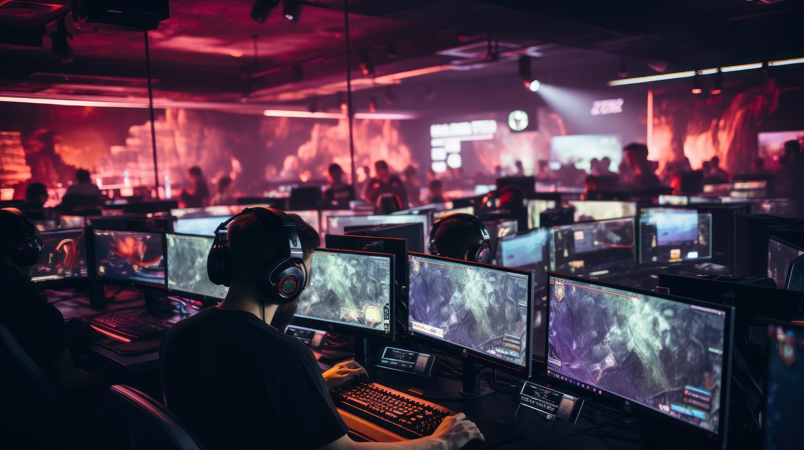 赤い照明のeスポーツ施設でPCゲームをプレイする複数のゲーマー