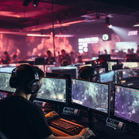 赤い照明が輝くeスポーツ施設での熱気のあるゲーム競技の写真
