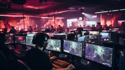 赤い照明が輝くeスポーツ施設での熱気のあるゲーム競技