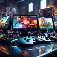 古いレトロゲーム機とコントローラーが並ぶゲーマーデスクの写真