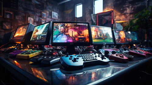 古いレトロゲーム機とコントローラーが並ぶゲーマーデスク