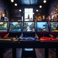 懐かしのレトロゲーム機が横一列に並ぶ室内風景の写真