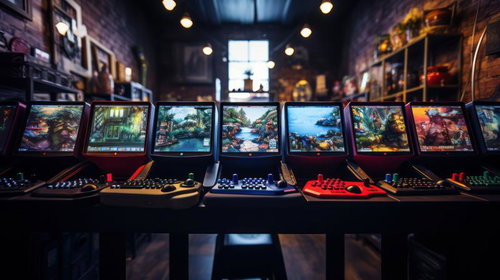 懐かしのレトロゲーム機が横一列に並ぶ室内風景