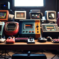 正体不明なレトロゲーム機が並ぶゲーミングデスクの写真