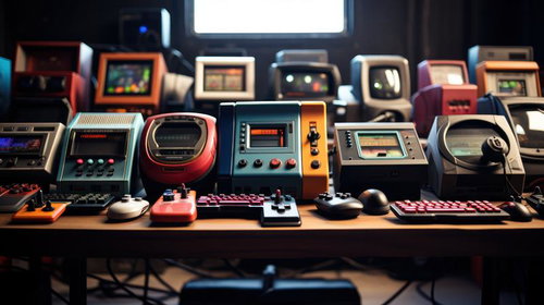 正体不明なレトロゲーム機が並ぶゲーミングデスク
