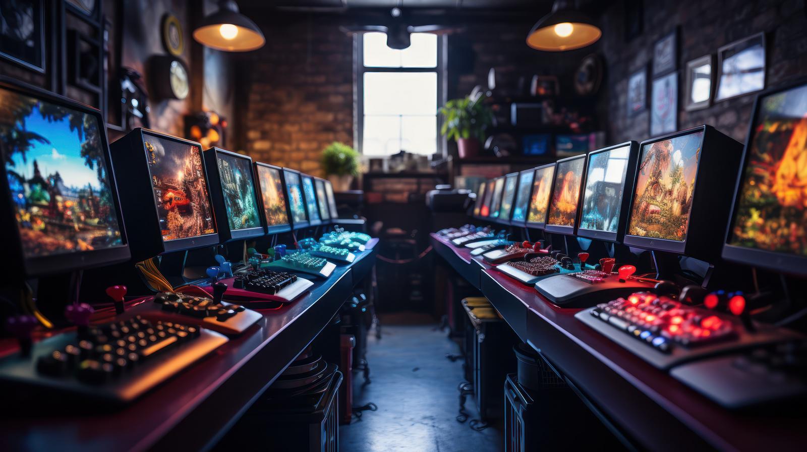 レンガ壁の室内にモニターが2列に並ぶレトロゲーム展示