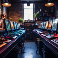 カラフルなモニターが光るレトロゲームの展示会の写真