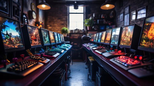 カラフルなモニターが光るレトロゲームの展示会