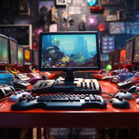 中古レトロゲーム機が並ぶゲーミング販売店の写真