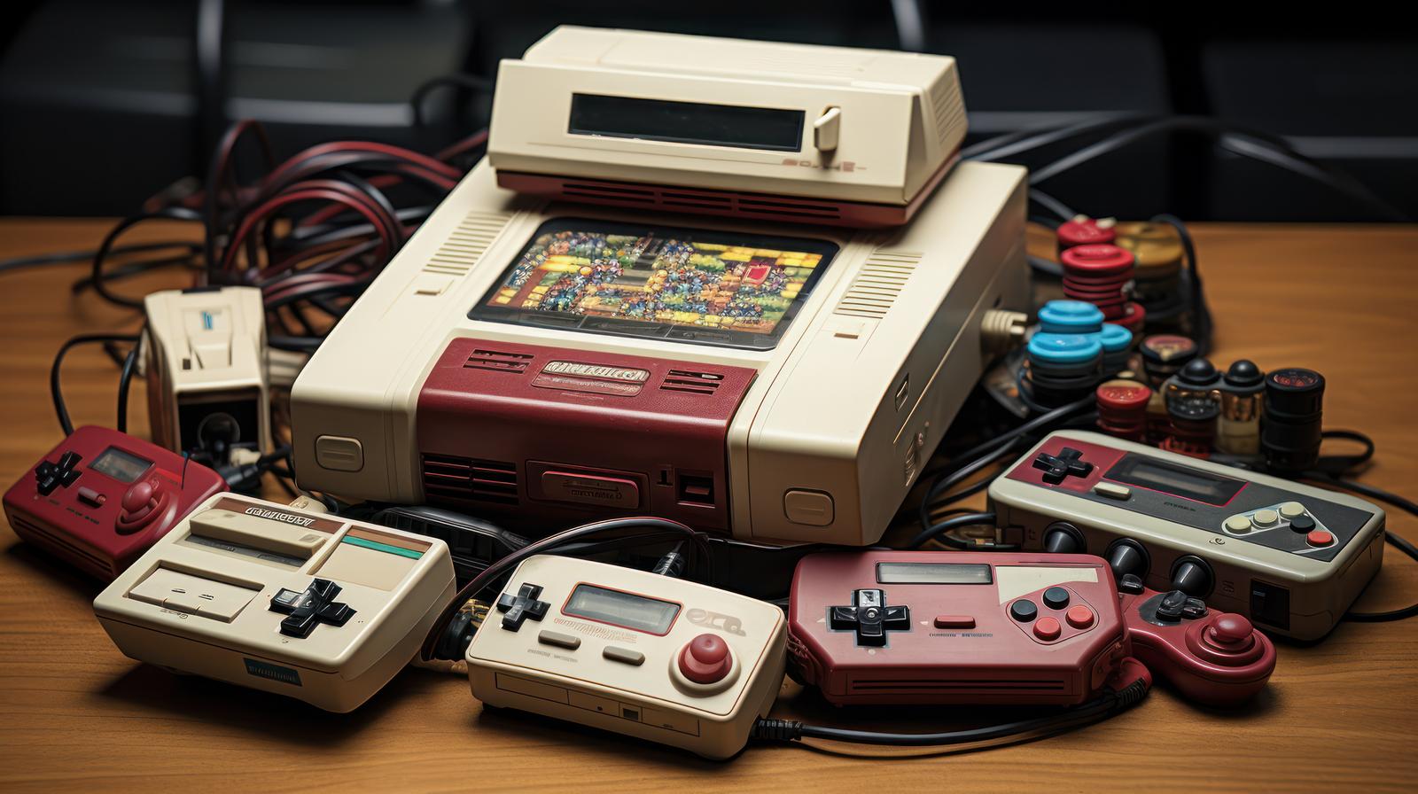 白いゲーム機本体と複数のコントローラーが揃ったレトロゲーム風