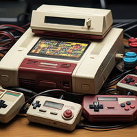 白いゲーム機本体と複数のコントローラーが揃ったレトロゲーム風デザインの写真