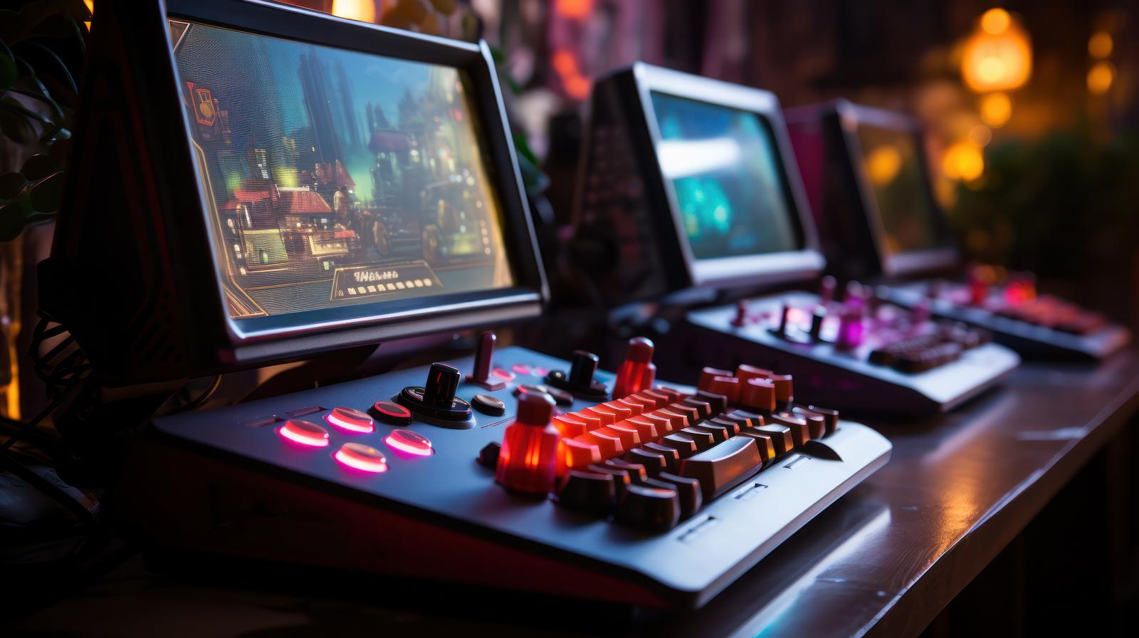 レトロゲーム機とコントローラーが配置されたゲーミングデスク
