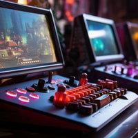 レトロゲーム機とゲーマー部屋のコントローラー配置の写真