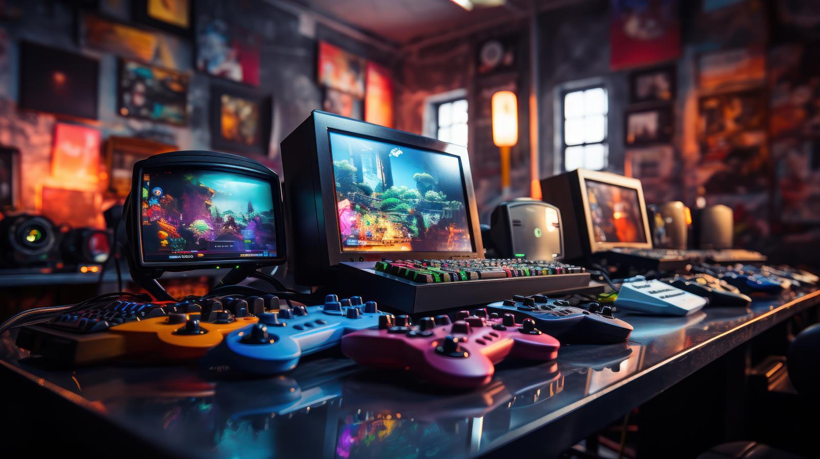 レトロゲーム機とモニターが並ぶゲーマー部屋