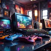 レトロゲーム機とコントローラーが並ぶゲーマー部屋の写真