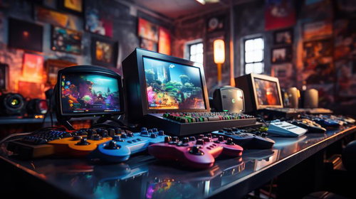 レトロゲーム機とコントローラーが並ぶゲーマー部屋