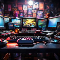 レトロゲーム機とモニターに囲まれたゲーミングルームの写真