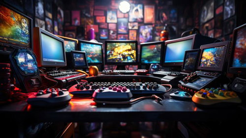 レトロゲーム機とモニターに囲まれたゲーミングルーム