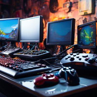 レトロゲームとゲーム機が揃うマルチモニターのゲーミングデスクの写真