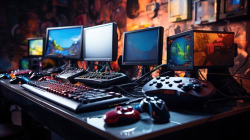 レトロゲームとゲーム機が揃うマルチモニターのゲーミングデスク