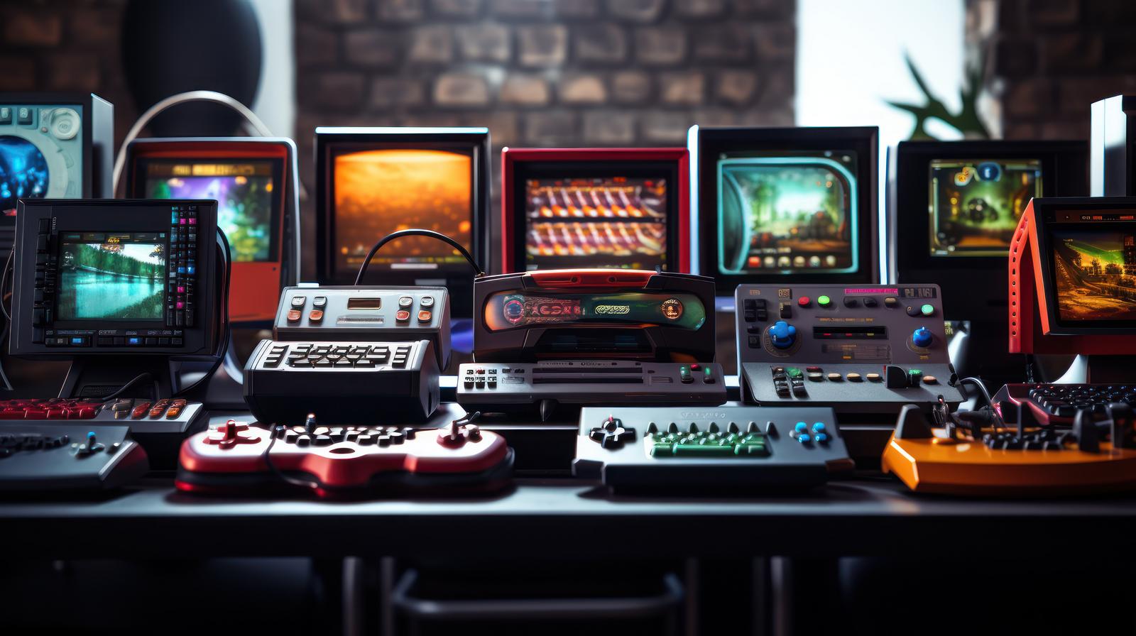 デスクに並ぶレトロゲーム機とブラウン管モニター